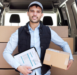 Aufkleber - Checklist, car and portrait of delivery man with box, smile and package for commercial shipping business. Van, driver and courier worker with clipboard for cargo, distribution service or logistics