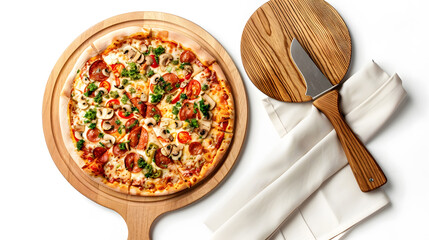 Poster - Empty pizza board and napkins top view isolated on white : Generative AI