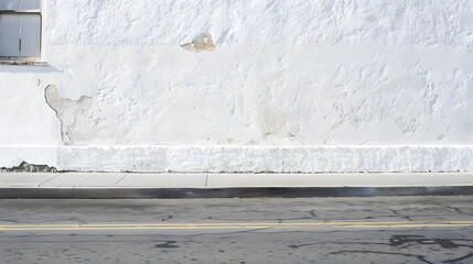 Poster - White weathered surrounding wall with white building on behind Sidewalk and asphalt road in front Background for copy space : Generative AI