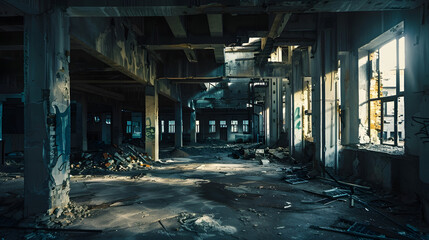 Aufkleber - Interior of the destroyed buildings of old factory ruins of an industrial enterprise dark fragments destroyed factory premises at plant as result of economic crisis Catacombs basement  : Generative AI