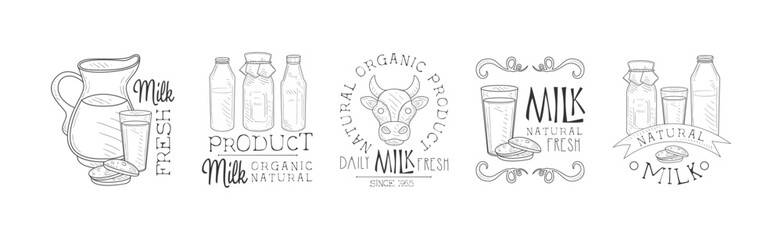 Canvas Print - Fresh Milk Product Hand Drawn Black and White Sign Design Vector Set