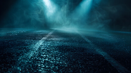 Aufkleber - Rays spotlights light Empty dark scene with blue light Asphalt blue dark street with smoke : Generative AI