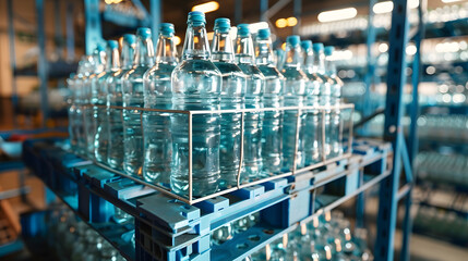 Poster - Water bottle crate stacked with empty glass bottle in storage New and clean from factory : Generative AI