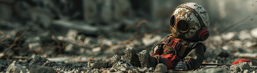 A haunting image of a child's toy partially buried in rubble, symbolizing the innocence lost in the aftermath of a nuclear war