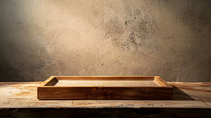 Wall Mural - Kitchen wooden tabletop with empty stone tray for product montage : Generative AI
