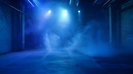 Poster - A dark empty street dark blue background an empty dark scene neon light spotlights The asphalt floor and studio room with smoke float up the interior texture night view : Generative AI