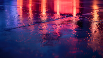 Aufkleber - Wet asphalt night view neon reflection on the concrete floor Night empty stage studio Dark abstract background Product Showcase Spotlight Background : Generative AI
