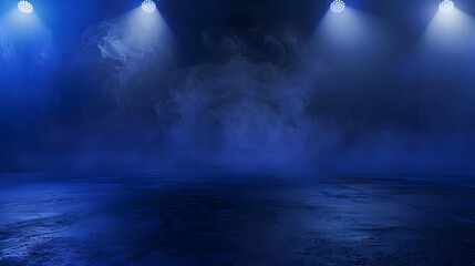 Poster - A dark empty street dark blue background an empty dark scene neon light spotlights The asphalt floor and studio room with smoke float up the interior texture night view : Generative AI