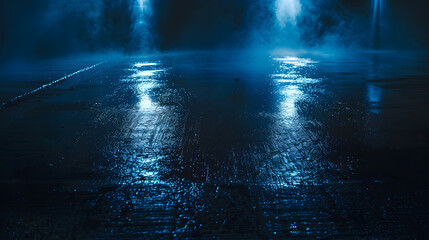 Aufkleber - Dark street wet asphalt reflections of rays in the water Abstract dark blue background smoke smog Empty dark scene neon light spotlights Concrete floor : Generative AI