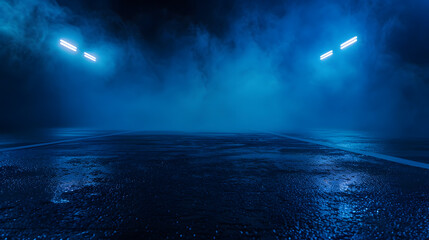 Poster - A dark empty street dark blue background an empty dark scene neon light spotlights The asphalt floor and studio room with smoke float up the interior texture night view : Generative AI