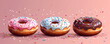 Three donuts in pink, white and chocolate glaze, topped with sprinkles. National donut day. For banner, design, print, card, poster, flyer, advertising