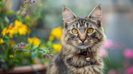 Wall Mural - Elegant and healthy cat with stunning yellow eyes adorned with a collar for security while enjoying the outdoor garden