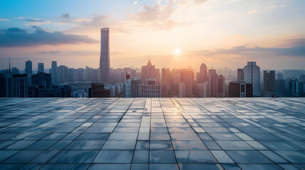 Poster - Empty square floors and city skyline with modern buildings at sunset in Suzhou Jiangsu Province China high angle view : Generative AI