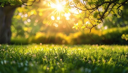 Canvas Print - Warm sunlight filtering through fresh spring leaves, creating a beautiful pattern of light and shadow on the grass