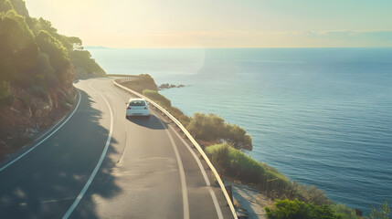 Poster - road landscape in summer car driving on the road of europe Highway scenery in beautiful nature A white car on the road against the backdrop of a blue seascape highway landscape on the  : Generative AI