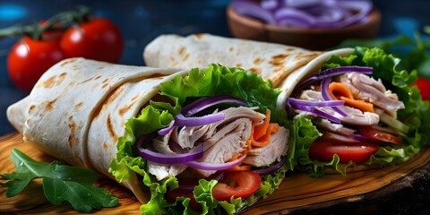 Wall Mural - California Turkey Wrap Presented on a Charming Wooden Platter. Concept Food Styling, Californian Cuisine, Presentation Ideas