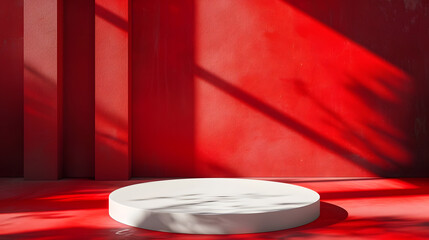 Poster - Abstract empty white podium on red background Mock up stand for product presentation 3D Render Minimal concept Advertising template St Valentines sale : Generative AI