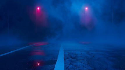 Poster - A dark empty street dark blue background an empty dark scene neon light spotlights The asphalt floor and studio room with smoke float up the interior texture night view : Generative AI