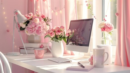 Canvas Print - An elegant home office with pink tones having a desktop computer, delightful floral arrangements, and a simple yet chic interior design