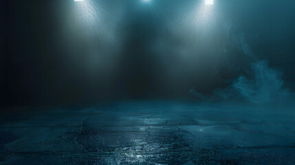 Aufkleber - Dark street asphalt abstract dark blue background empty dark scene neon light spotlights The concrete floor and studio room with smoke float up the interior texture for display product : Generative AI