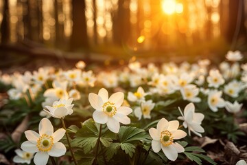 Poster - Warm golden sunset casting its light on a beautiful field of blooming white flowers, symbolizing new beginnings and hope