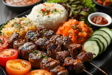 Wall Mural - A plate of food with meat, rice, and vegetables