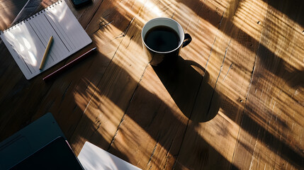 Fototapete - Work from home desk office paperwork coffee cup and pen on wood table Flat lay top view copy space : Generative AI