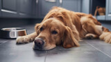 Fototapeta  - Hora da refeição matinal. Retrato de cachorro golden retriever deitado no chão perto da tigela de comida de cachorro na cozinha. Hora das refeições do cão, rotina diária.