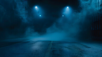 Poster - A dark empty street dark blue background an empty dark scene neon light spotlights The asphalt floor and studio room with smoke float up the interior texture night view : Generative AI