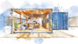 © EnricaDjango - Watercolor and pen architecture sketch diagram of a single shipping container cutaway that has been fit out as a residential apartment