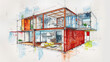 © EnricaDjango - Watercolor and pen architecture sketch diagram of a single shipping container cutaway that has been fit out as a residential apartment