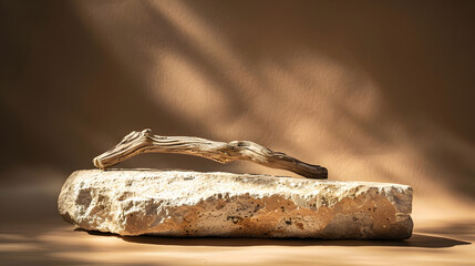 Poster - Empty stone podium with lights and shadows on brown background Minimal backdrop Round natural rock and piece of driftwood Abstract pedestal or showcase for presentation Minimal wabi sa : Generative AI