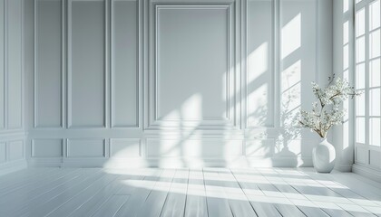 Canvas Print - A spacious and bright empty room with white walls, large windows casting beautiful shadows and a vase with flowers