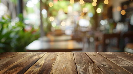 Aufkleber - Selected focus empty brown wooden table and Coffee shop or restaurant blur background with bokeh image for your photomontage or product display : Generative AI