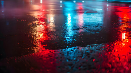 Aufkleber - Wet asphalt reflection of neon lights a searchlight smoke Abstract light in a dark empty street with smoke smog Dark background scene of empty street night view night city : Generative AI