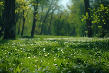 Sticker - The freshness of spring is captured in this image with close-ups of dew on wildflowers in a lush green meadow