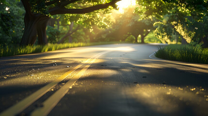 Aufkleber - The road with a roadside tree and evening light shines : Generative AI