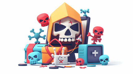 Wall Mural - 3D Flat Cartoon: Fake Antivirus Icon Scamming Users   Rogue Security Software Threat and Legitimate Solutions Illustration