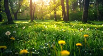 Wall Mural - A sunlit meadow teeming with life, featuring dandelions and lush greenery indicating the start of spring