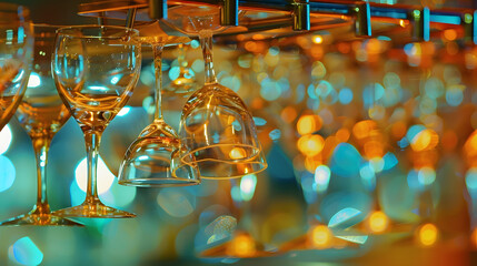 Aufkleber - Closeup photo of clean washed and polished bar and pub glasses hanging over Empty glasses ware on table in night club with reflection Empty clean bar glasses background : Generative AI