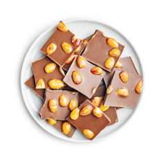 Wall Mural - Broken chocolate bar with almonds on plate  isolated on white background.