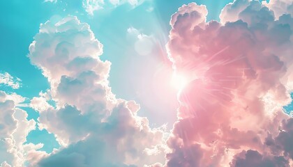 A captivating sky with sunbeams piercing through fluffy, cumulus clouds creates a dynamic and heavenly atmosphere