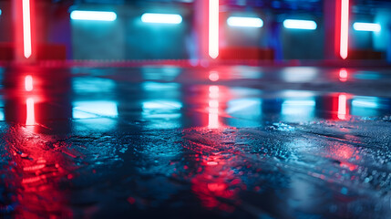 Aufkleber - Light effect blurred background Wet asphalt night view of the city neon reflections on the concrete floor Night empty stage studio Dark abstract background dark empty street Night city : Generative AI