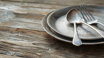 Leinwandbilder - Empty plate with spoon and fork on wooden background : Generative AI