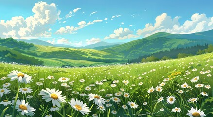 Poster - Vibrant illustration capturing the beauty of a hilly landscape covered in flowers under a clear blue sky