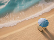 illustration overhead view of Summer beach with blue water, waves and sand, open blue umbrella with chairs for relaxation, copy space