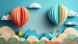 3d paper illustration for children's theme with blue background, balloons floating over mountains, copy space
