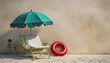 illustration front view of beach scene with sand, beach chair, umbrella and inter tube, copy space