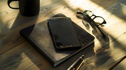 Leinwandbilder - Medium camera format glasses smartphone pen and notepad on wood : Generative AI