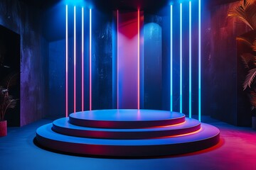 Sticker - A vibrant 3D rendered image showcasing a futuristic stage set with neon lighting and circular podium design